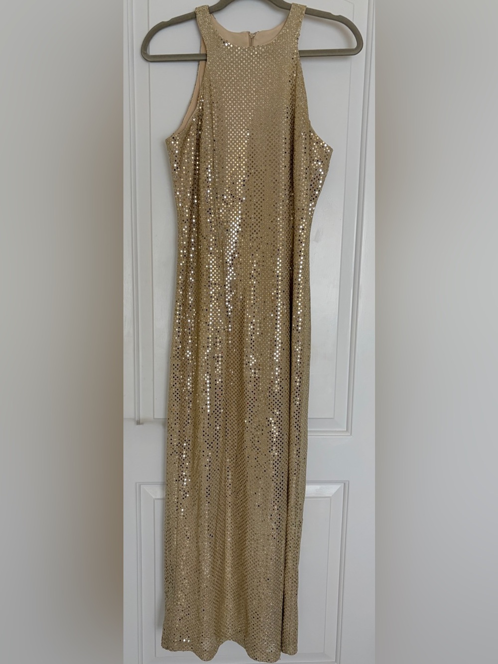 Vintage 90s All That Jazz Gold Sequin Halter Maxi Gown Prom Formal Size 11/12